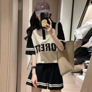 得美顿（DEMEIDUN）POLO衫休闲运动服套装女夏季薄款学院风跑步短袖短裤两件套黑白色两件套M[建议100-120斤]	