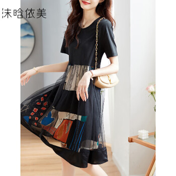 【网纱拼接印花下摆连衣裙】春夏款休闲宽松显瘦连衣裙黑色M	