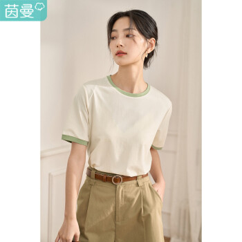 茵曼撞边休闲T恤女夏季百搭减龄套头撞色简约修身丝光棉上衣F18226|272古杏色L	
