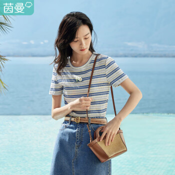 茵曼（INMAN）夏季田园撞色条纹立体绣花圆领短袖T恤女18322|135白底深蓝条XL	